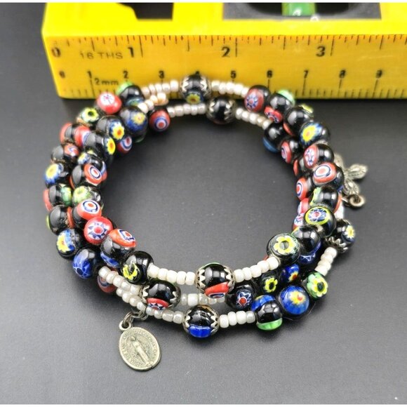 Multi-Layer Murano Millefiori? Glass Beaded Wrap Bracelet W/ Religious Charms - Picture 9 of 9